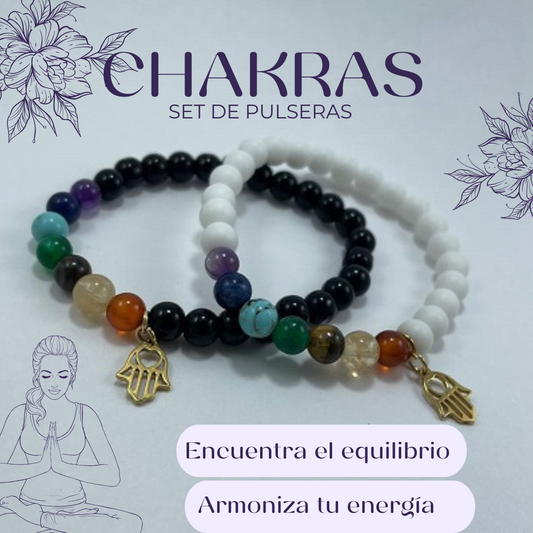 ⚖Equilibrio y Protección: Set de Pulseras de Chakras con Dije de Mano Hamsa 📿